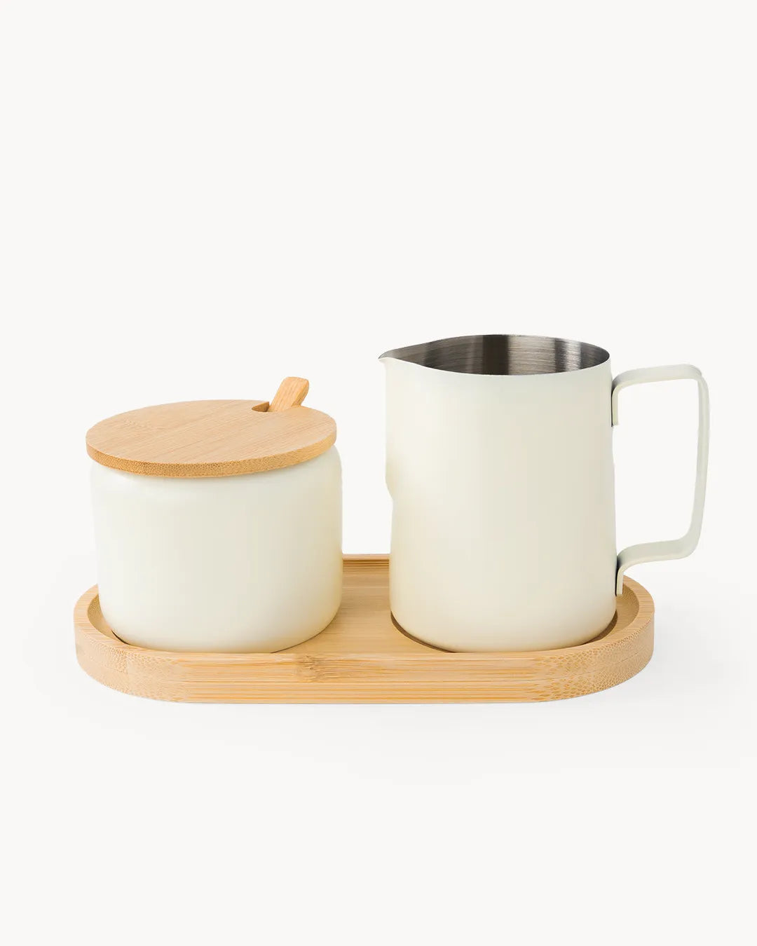 Milch & Zucker Set aus Edelstahl mit Bambus-Tablett